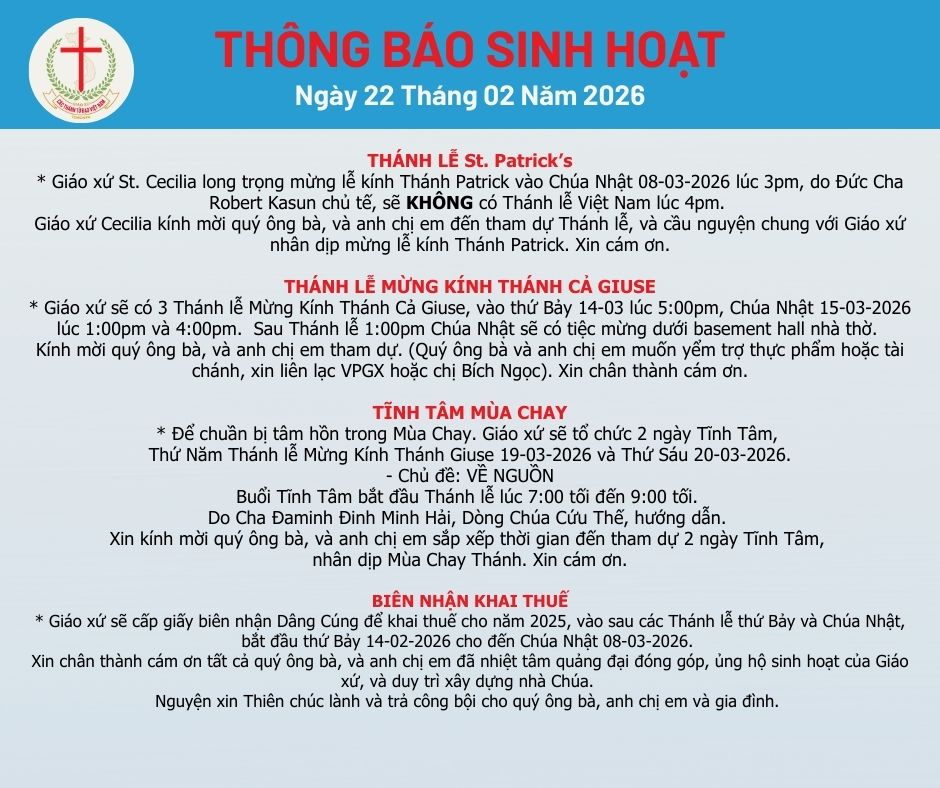 THÔNG BÁO SINH HOẠT 22-02-2026