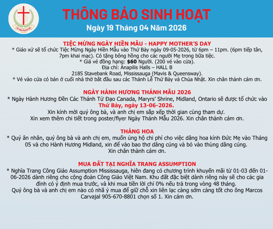 THÔNG BÁO SINH HOẠT 19-04-2026