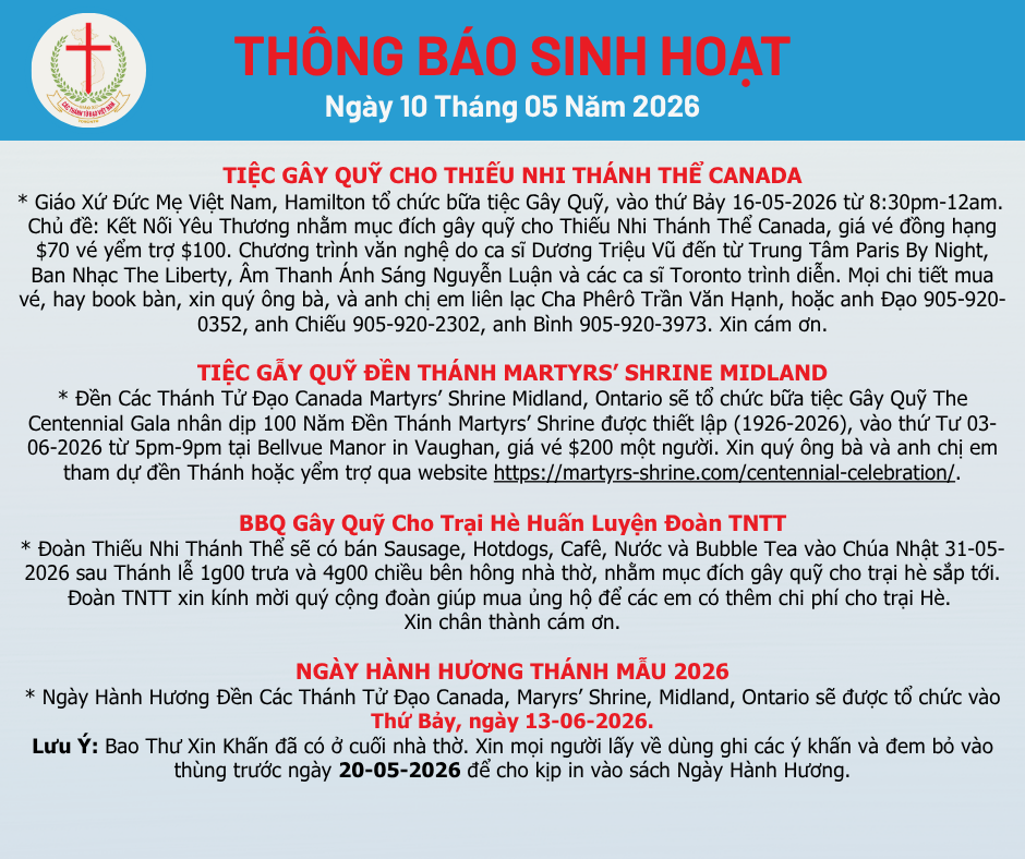 THÔNG BÁO SINH HOẠT 10-05-2026