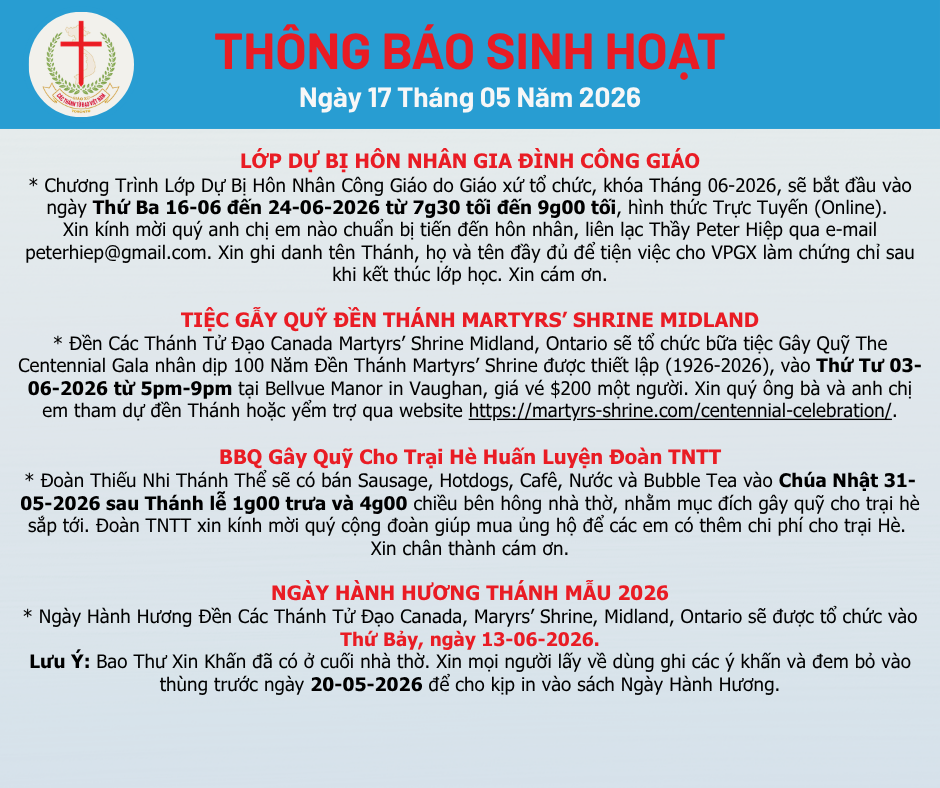 THÔNG BÁO SINH HOẠT 17-05-2026