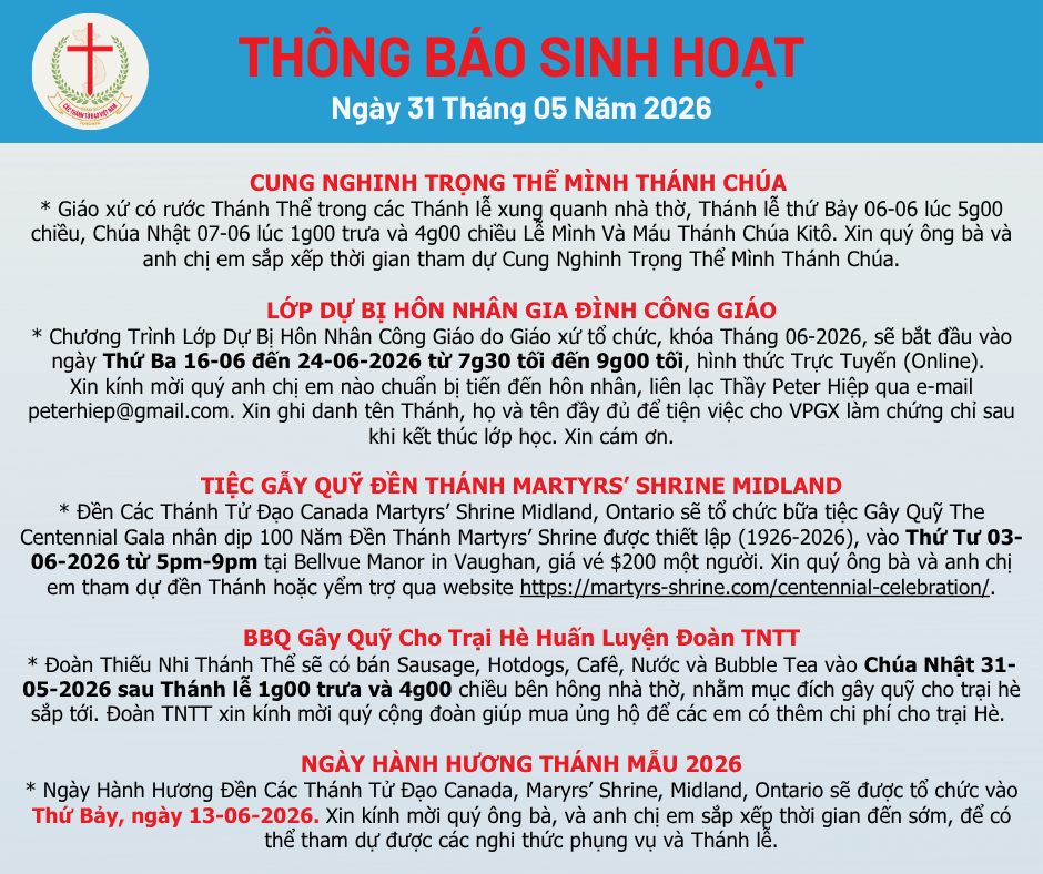 THÔNG BÁO SINH HOẠT 31-05-2026