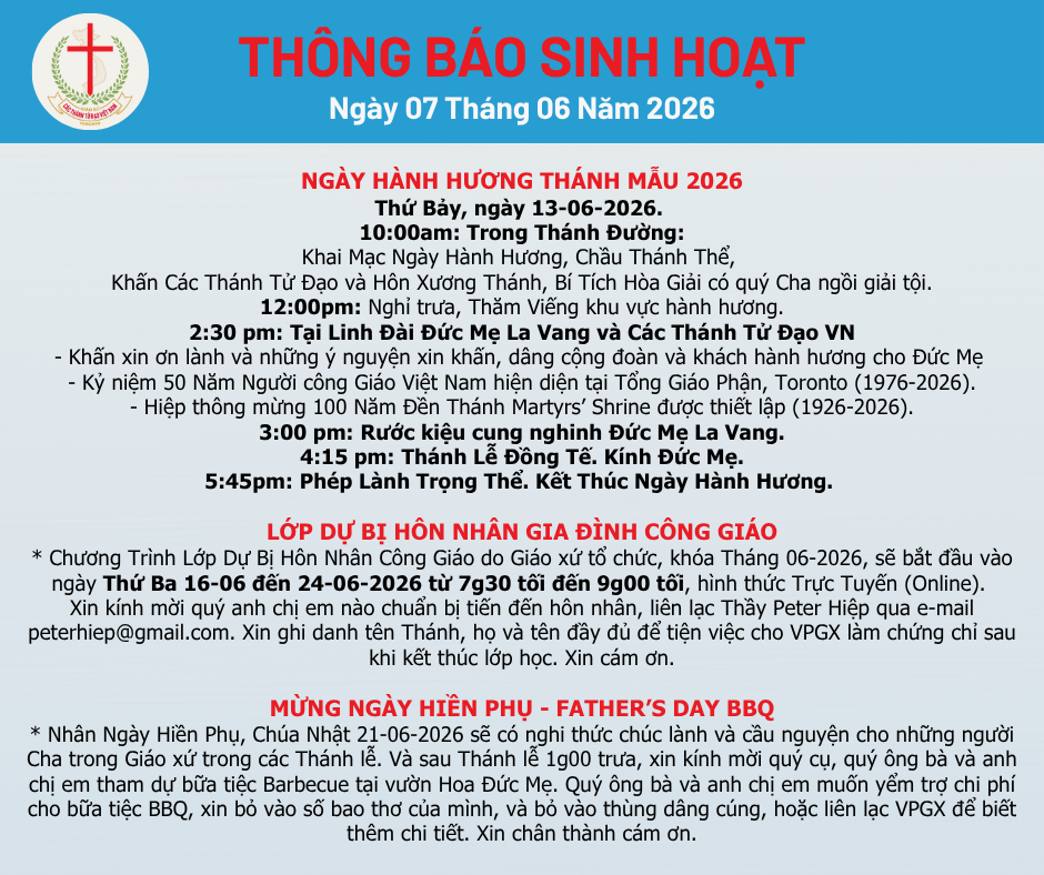 THÔNG BÁO SINH HOẠT 07-06-2026