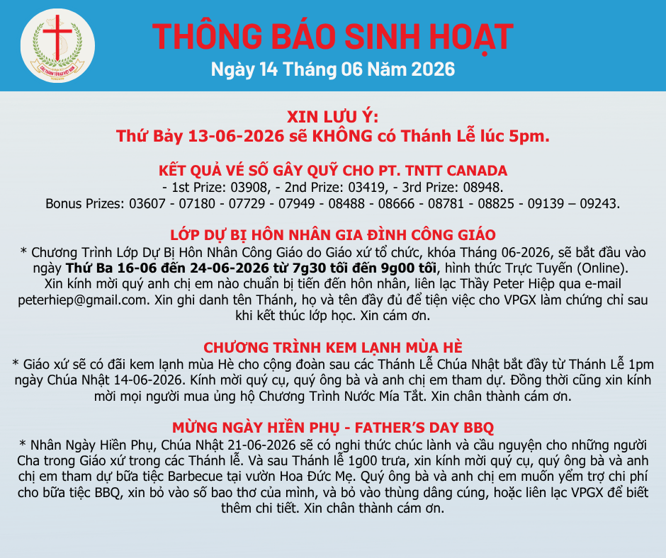 THÔNG BÁO SINH HOẠT 14-06-2026
