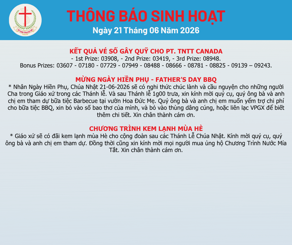THÔNG BÁO SINH HOẠT 21-06-2026