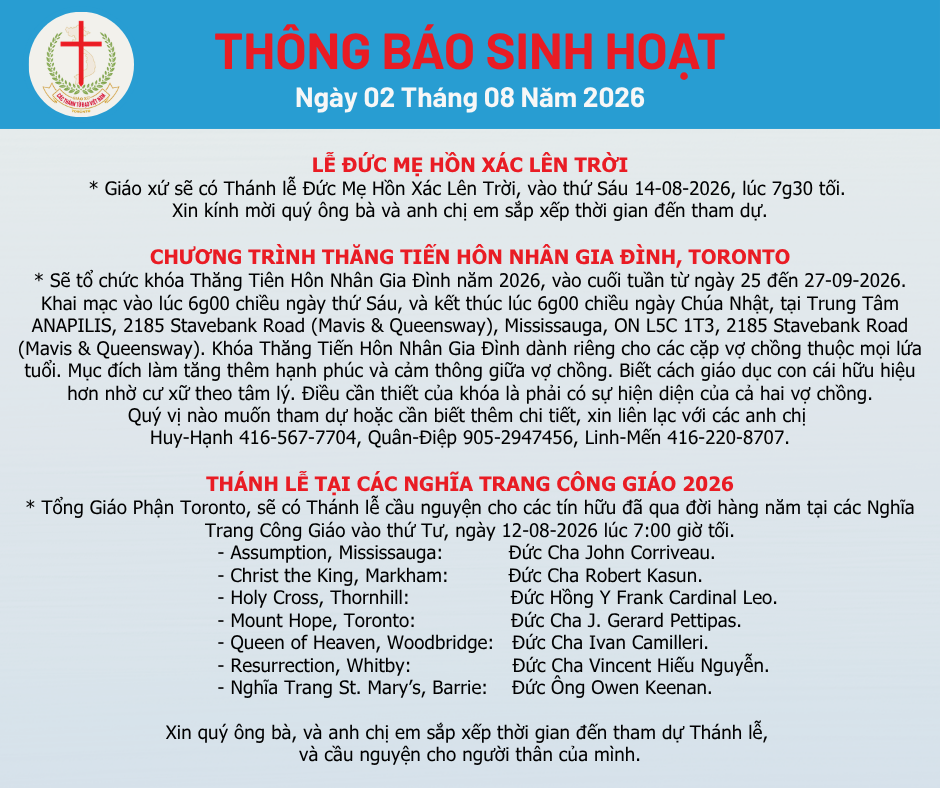 THÔNG BÁO SINH HOẠT 02-08-2026