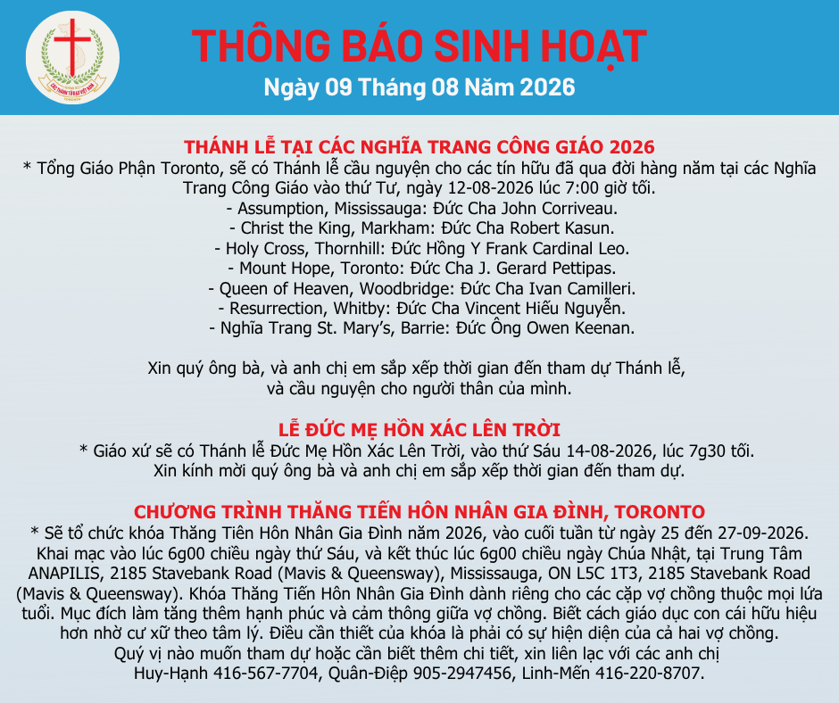 THÔNG BÁO SINH HOẠT 09-08-2026
