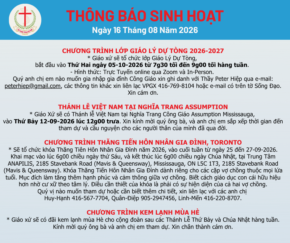 THÔNG BÁO SINH HOẠT 16-08-2026