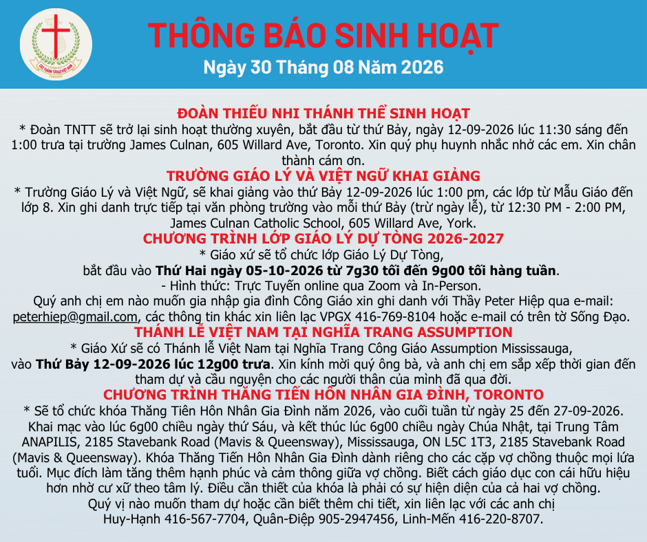 THÔNG BÁO SINH HOẠT 30-08-2026