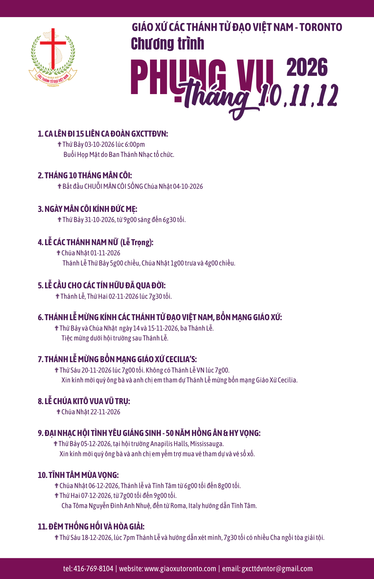 CHƯƠNG TRÌNH PHỤNG VỤ THÁNG 10,11,12