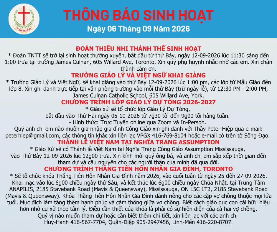 THÔNG BÁO SINH HOẠT 06-09-2026