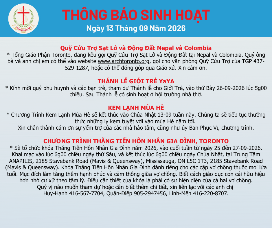 THÔNG BÁO SINH HOẠT 13-09-2026