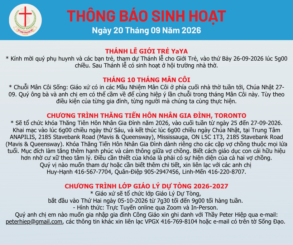 THÔNG BÁO SINH HOẠT 20-09-2026