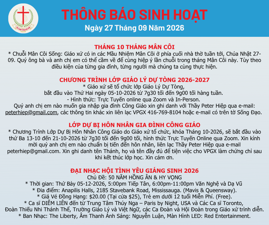 THÔNG BÁO SINH HOẠT 27-09-2026