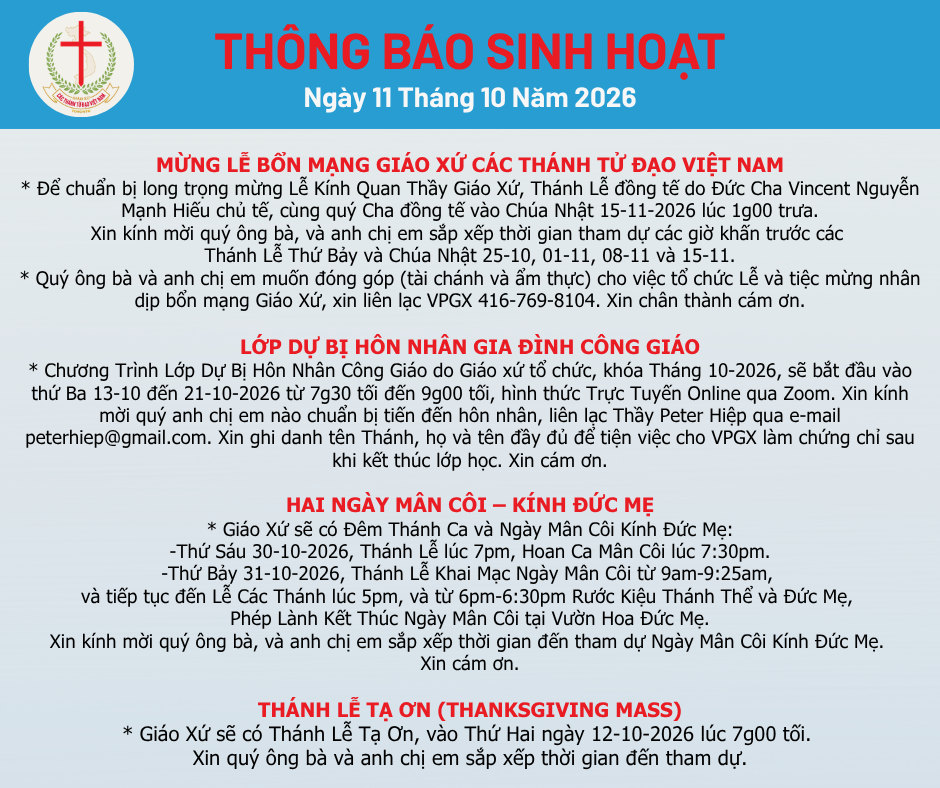THÔNG BÁO SINH HOẠT 11-10-2026
