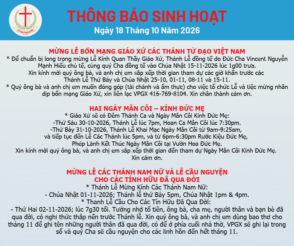THÔNG BÁO SINH HOẠT 18-10-2026