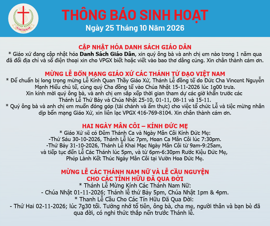 THÔNG BÁO SINH HOẠT 25-10-2026